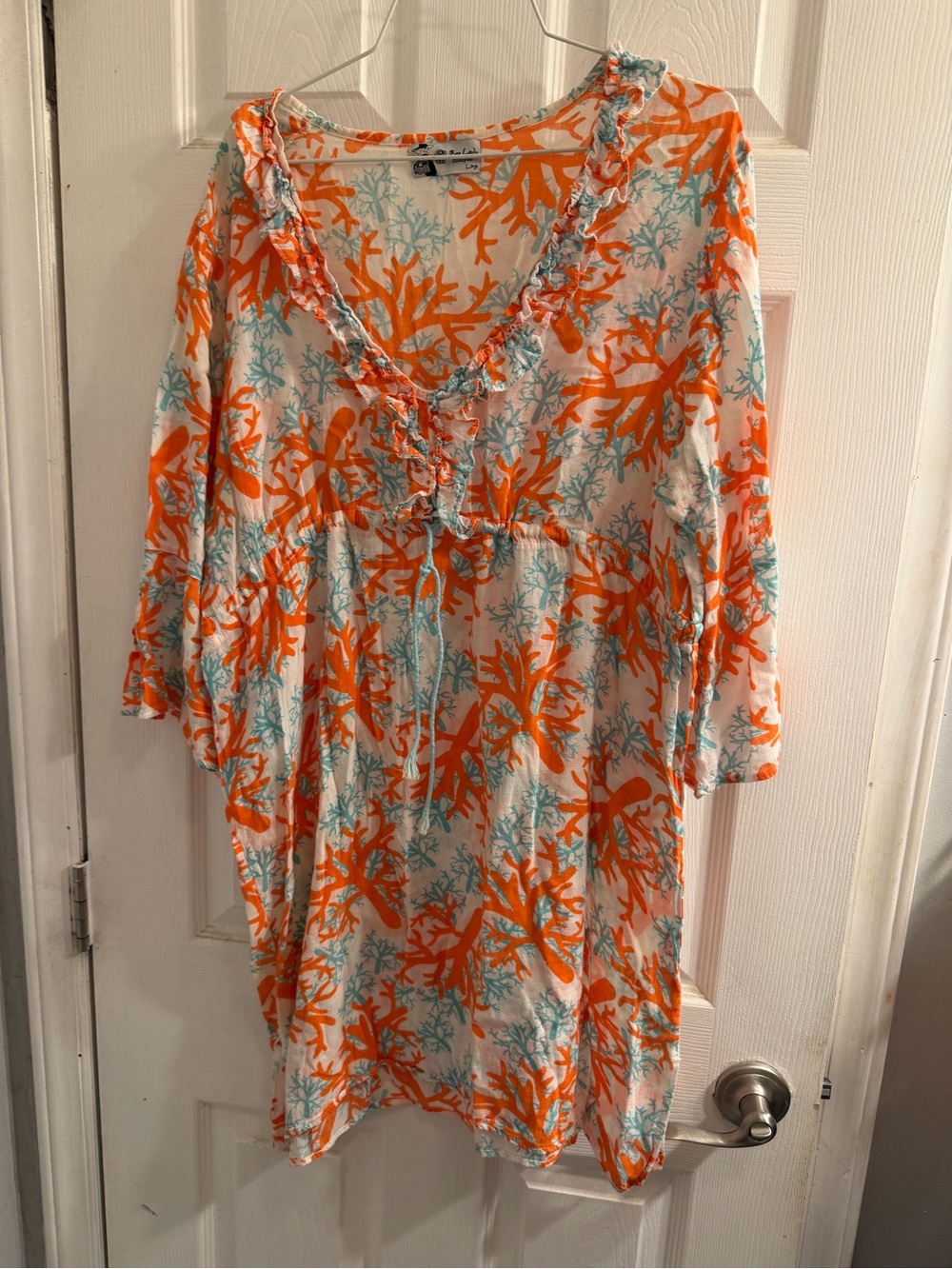 Mud Pie Orange & Aqua Coral-Print Beach Cover-up damage in the seam in pictures